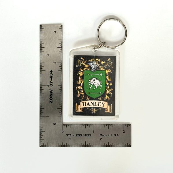 Hanley Family Crest Key Ring Rectangle Clear Acrylic, Fair Condition Supply