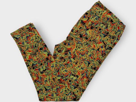 LuLaRoe Print Leggings | TC (12-18) | Green Red Botanical Pattern | New Hot on Sale