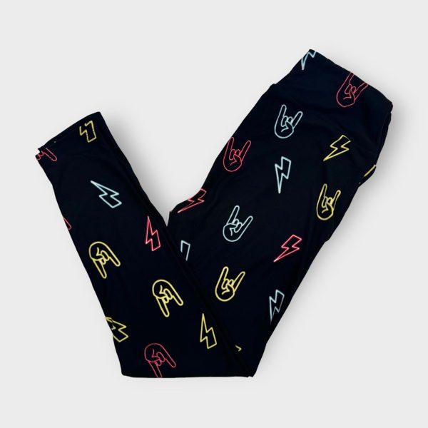 LuLaRoe Print Leggings | OS (2-10) | Black Neon Rock & Roll | New For Sale