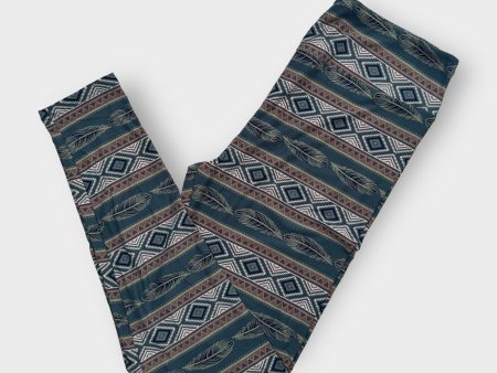 LuLaRoe Print Leggings | TC (12-18) | Green White Beige Southwestern Feathers | New Sale