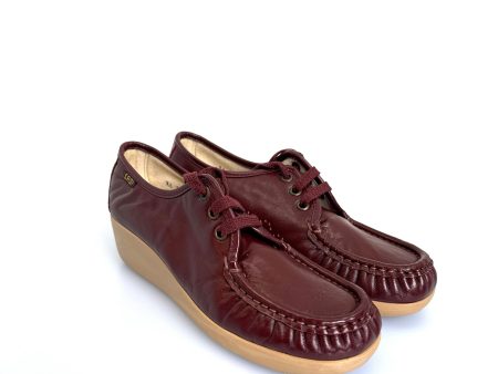 SAS Womens Lace Up Wedge Moccasin, Size 8S Burgundy Wine Red Leather Comfort Shoes, New For Cheap