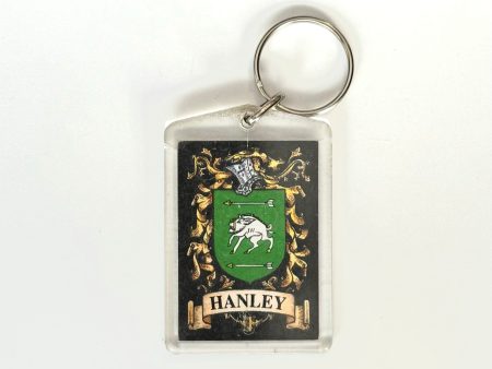 Hanley Family Crest Key Ring Rectangle Clear Acrylic, Fair Condition Supply