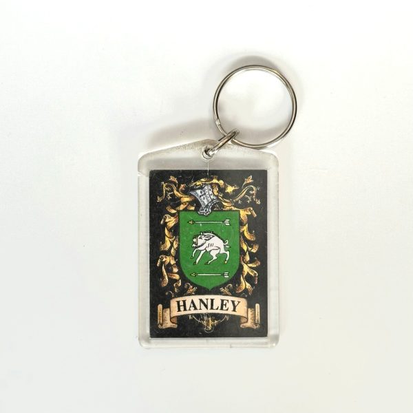 Hanley Family Crest Key Ring Rectangle Clear Acrylic, Fair Condition Supply