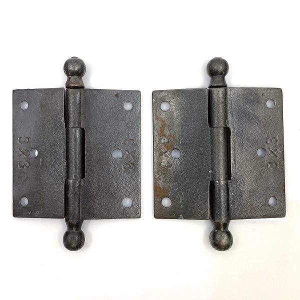 Pair of Antique Ornate Cast Iron Loose Pin Door Hinges 3 , Ball Finial Tips For Sale