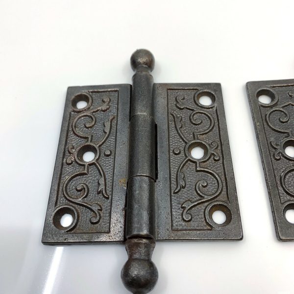 Pair of Antique Ornate Cast Iron Loose Pin Door Hinges 3 , Ball Finial Tips For Sale