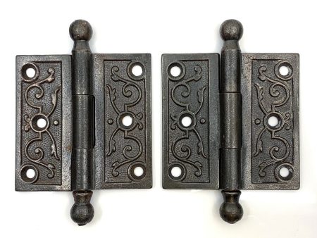 Pair of Antique Ornate Cast Iron Loose Pin Door Hinges 3 , Ball Finial Tips For Sale