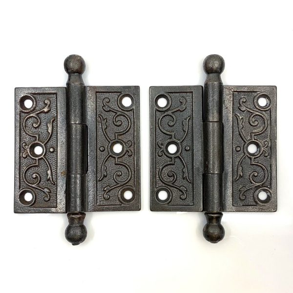 Pair of Antique Ornate Cast Iron Loose Pin Door Hinges 3 , Ball Finial Tips For Sale