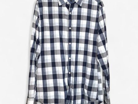 Banana Republic Men s Blue and White Plaid Tailored Slim Fit Long Sleeve Dress Shirt - Size M on Sale