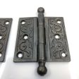 Pair of Antique Ornate Cast Iron Loose Pin Door Hinges 3 , Ball Finial Tips For Sale