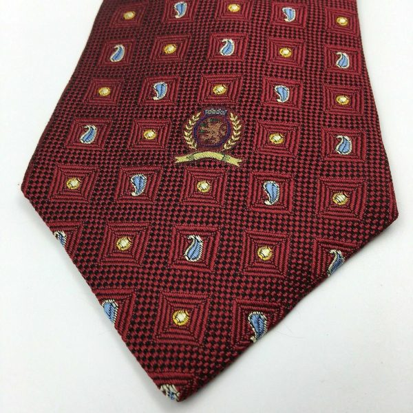 Tommy Hilfiger Mens Red Paisley Logo Square Pattern 100% Silk Neck Tie  58” X 4” Discount