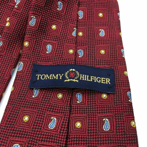 Tommy Hilfiger Mens Red Paisley Logo Square Pattern 100% Silk Neck Tie  58” X 4” Discount