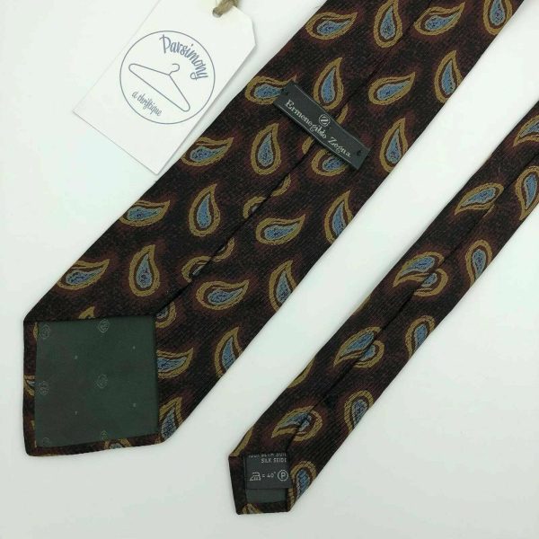 Stunning Ermenegildo Zegna Mens Necktie Gorgeous Maroon Blue Yellow Brush Paisley Silk For Discount