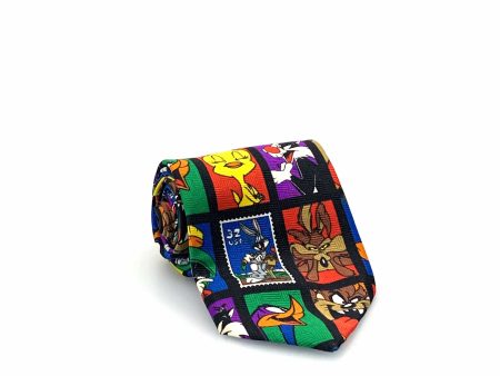 Vintage 1997 Mens Necktie Looney Tunes Stamp Collection Cartoon Characters 57” For Discount