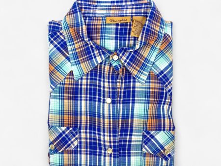 Women s Blue, Orange, and Green Plaid Western Shirt with Pearl Snap Buttons - Size L - Wrangler on Sale